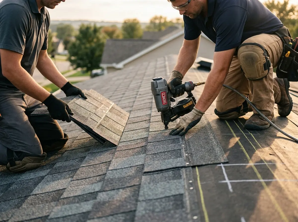 Professional roofer working on a residential roof in Ishpeming